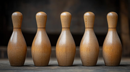 Close-up of bowling pins standing perfectly aligned after being set up, ready for the next roundの素材