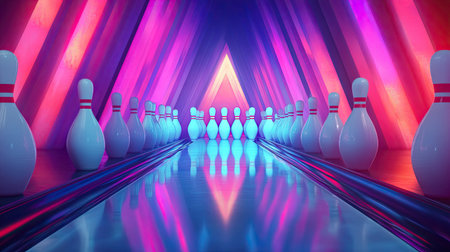 Close-up of bowling pins being arranged in a perfect triangular formation at the end of a glossy laneの素材