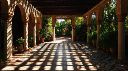 Morning sun shining through a pergola, creating sharp shadows on the tiled ground belowの素材