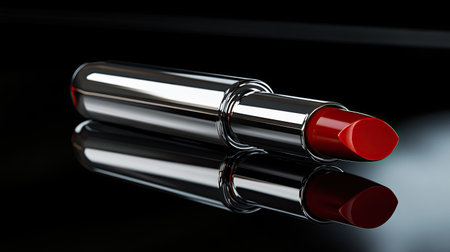 Open lipstick tube revealing a deep crimson shade, placed on a black surface with soft reflectionsの素材