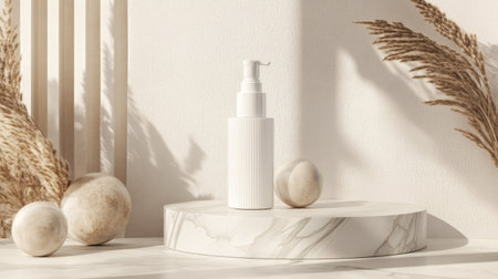 Modern podium holding a crme lotion bottle, surrounded by smooth textures and delicate decorative accents to emphasize luxury cosmeticsの素材