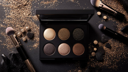 Open eyeshadow palette with neutral tones and glitter shades, surrounded by professional makeup tools on a dark surfaceの素材