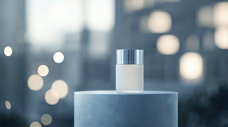 Close-up of a sleek crme lotion bottle on a podium with a blurred background, perfect for cosmetic product presentationsの素材