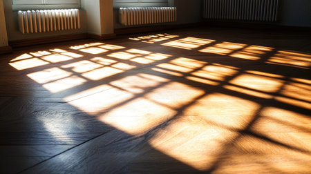 Morning sun filtering through blinds, creating striped shadows across a wooden floorの素材