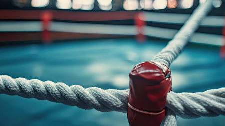 A corner of an empty boxing ring with white ropes and a red turnbuckle in focus.の素材