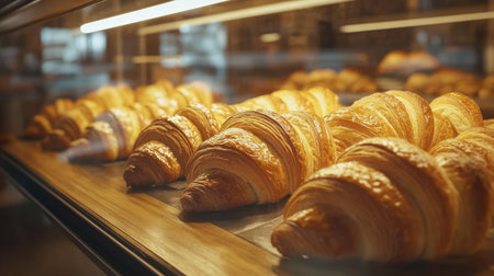 Close-up of golden-brown croissants arranged neatly in a bakery display case under warm lighting, with a rustic wooden backgroundの素材