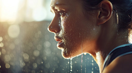 Close-up of sweat dripping down a female athlete's neck as she runs on a treadmill under gym lightingの素材