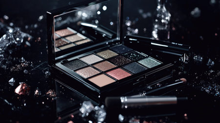 Open eyeshadow palette with neutral tones and glitter shades, surrounded by professional makeup tools on a dark surfaceの素材