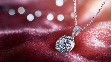 A close-up shot of a luxury natural diamond pendant necklace sparkling against a soft velvet backdrop.の素材