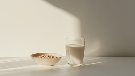 Minimalist composition of a glass of soy milk placed beside a small bowl of soybeans on a clean white surface, with soft lightingの素材