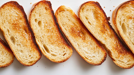 Close-up of toast bread slices in a staggered arrangement, showcasing their crispy texture on a white backgroundの素材
