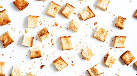 Pieces of toasted bread scattered naturally on a bright white surface, with golden-brown tones highlightedの素材
