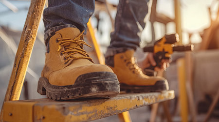 A close-up of safety shoes on a step ladder rung, with the man holding a drill in a bright workspace.の素材