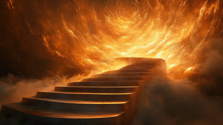 A dramatic staircase of golden light extending upward into a glowing, heavenly sky at sunset.の素材