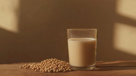 Neutral toned image with soy milk in a glass and fresh soybeans on a wooden surface, creating a minimalist and organic aestheticの素材