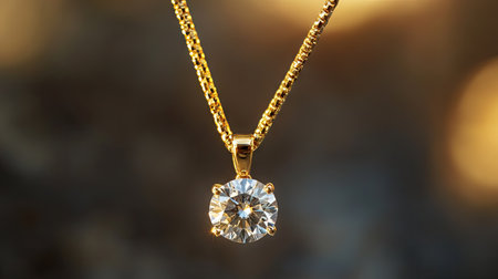 A close-up shot of a luxury natural diamond pendant hanging on a fine gold chain, sparkling softly under natural light.の素材