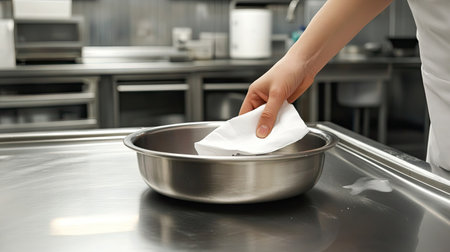 A neatly arranged modern kitchen with a hand wiping a stainless steel pan with a disposable napkin.の素材
