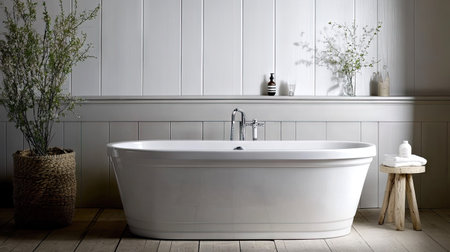 A Scandinavian-style bathroom with a white bathtub, wooden flooring, and minimalist decor.の素材