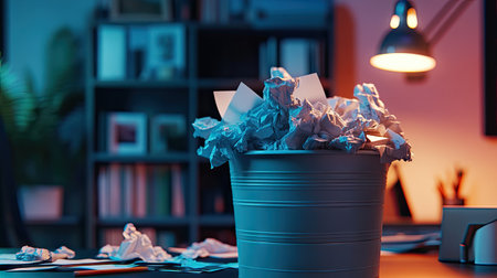 A messy office scene with a wastebasket overflowing with crumpled paper, placed in front of a soft-lit background.の素材