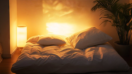 A minimalist bedroom design with a neatly placed white pillow, simple bedding, and soft lighting.の素材