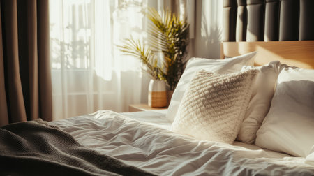 A modern hotel room featuring a comfortable bed with plush white pillows and a stylish decorative throw.の素材
