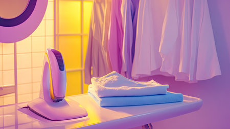 A modern electric iron placed on an ironing board next to a neatly folded pile of freshly pressed clothes in a bright laundry room.の素材