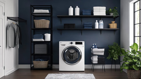 A modern laundry room with a navy blue accent wall, white appliances, and black metal shelves for stylish organization.の素材