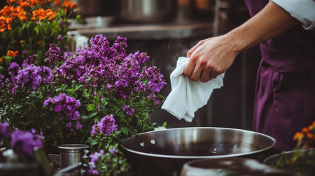 A professional chef wiping a stainless frying pan with a white napkin, ensuring a spotless cooking surface.の素材