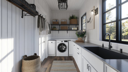 A modern laundry room with white cabinetry, stylish black fixtures, and a washing machine next to a deep farmhouse sink.の素材