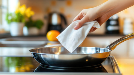 A person carefully wiping the surface of a stainless steel frying pan with a dry paper napkin in a bright kitchen.の素材