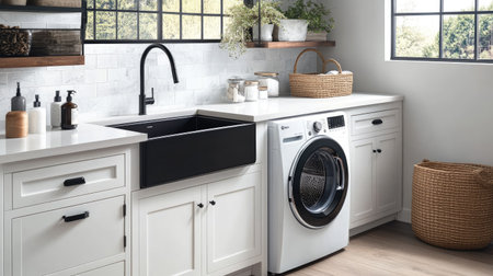 A modern laundry room with white cabinetry, stylish black fixtures, and a washing machine next to a deep farmhouse sink.の素材