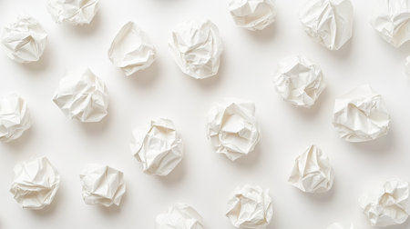 A neatly arranged pattern of crumpled paper balls, forming an abstract composition on a white backdrop.の素材