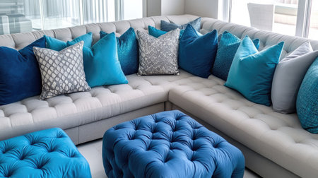 A modern L-shaped sofa with elegant tufted detailing, featuring stylish cushions in varying shades of blue and gray.の素材