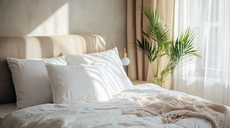 A modern hotel room featuring a comfortable bed with plush white pillows and a stylish decorative throw.の素材