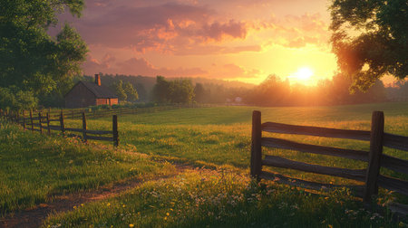 A scenic farm landscape under a glowing sunset, with a wooden fence and green pastures illuminated by the fading light.の素材