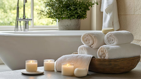 A modern spa-inspired bathroom with a freestanding tub, candles, and soft towels arranged neatly.の素材