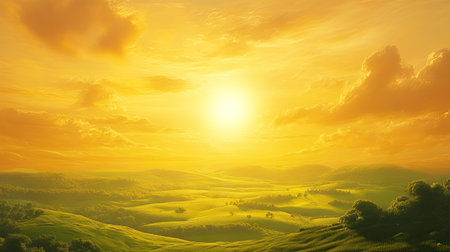 A picturesque golden sunset over a vast green landscape, with the sun's rays filtering through wispy clouds, creating a stunning natural masterpiece.の素材