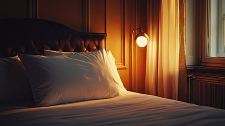 A plush white pillow on a king-sized bed with soft, high-thread-count sheets, illuminated by warm ambient lighting.の素材