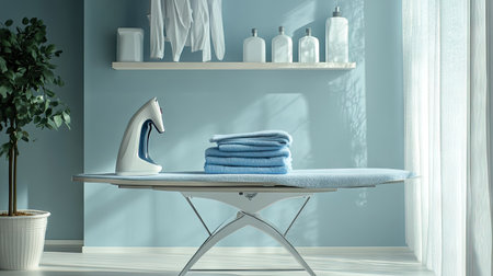 A modern minimalist laundry room with an ironing board, a powerful steam iron, and a stack of neatly arranged clothes.の素材