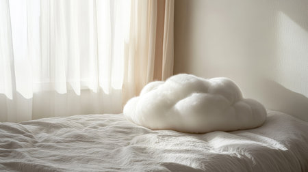 A serene bedroom with a cloud-like white pillow on a neatly arranged bed, with a soft neutral color palette.の素材