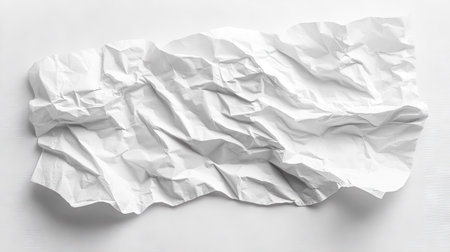 A single crumpled piece of white paper lying on an isolated white background, showcasing texture and creases.の素材