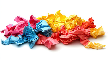 A pile of crumpled papers scattered on a clean white background, symbolizing frustration and discarded ideas.の素材