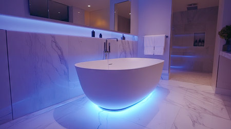A sleek modern bathroom featuring a freestanding white bathtub, marble flooring, and soft ambient lighting.の素材