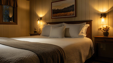 A plush white pillow on a king-sized bed with soft, high-thread-count sheets, illuminated by warm ambient lighting.の素材