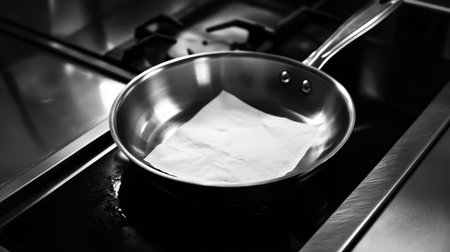A reflective stainless steel frying pan on a stovetop, being carefully wiped with a white paper napkin.の素材