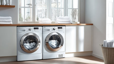 A sleek modern laundry room with a front-loading washing machine and dryer, white cabinets, and a wooden countertop for folding clothes.の素材