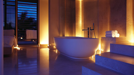 A sleek modern bathroom featuring a freestanding white bathtub, marble flooring, and soft ambient lighting.の素材