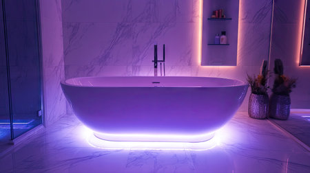 A sleek modern bathroom featuring a freestanding white bathtub, marble flooring, and soft ambient lighting.の素材
