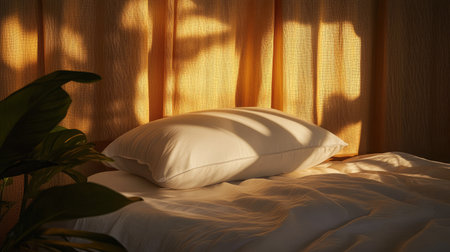 A plush white pillow on a king-sized bed with soft, high-thread-count sheets, illuminated by warm ambient lighting.の素材