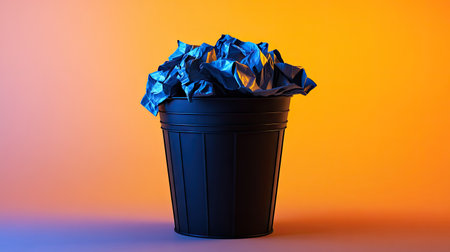 A studio-lit scene featuring a black wastebasket full of wrinkled paper, against a smooth gradient background.の素材